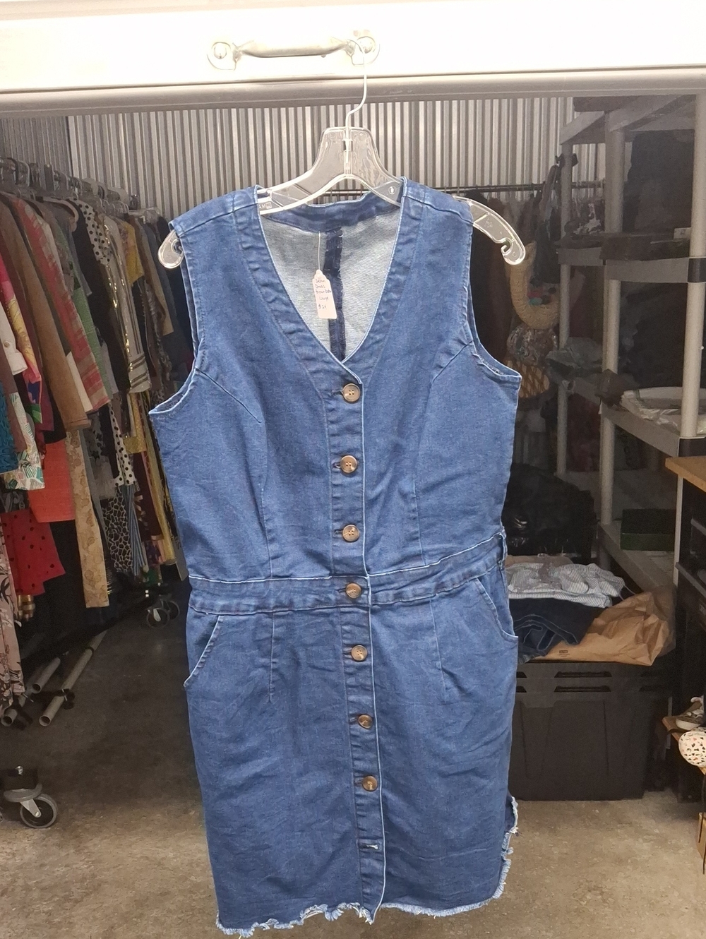 Sleeveless Button-Front Denim Dress in Medium Blue